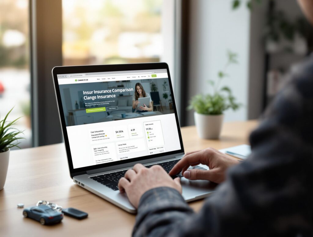 Modern man sitting at a clean wooden desk with a laptop open on an insurance comparison website, natural daylight from a nearby window,